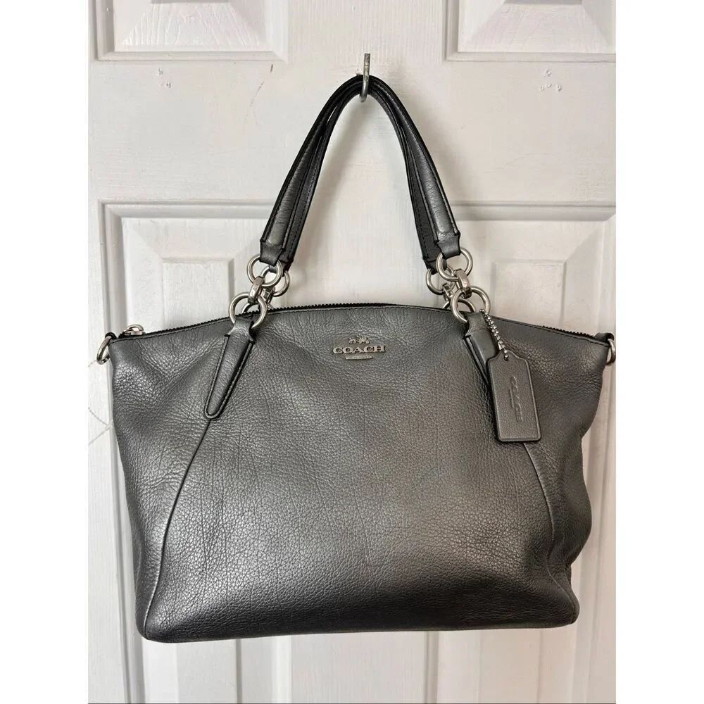 Coach F31409 Small Kelsey Metallic Platinum Leather Satchel Crossbody